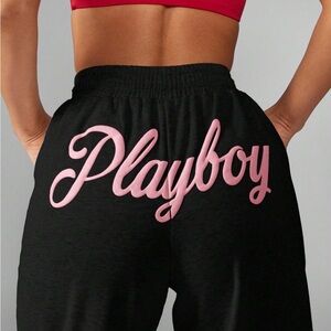 PLAYBOY Black Lounge Pants with Pink Script Wide legs